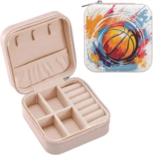 xigua Basketball Compact Leather Jewelry Box - Mini Travel Jewelry Case Organizer & Holder for Girls, Women | Ideal for Rings, Earrings, Necklaces