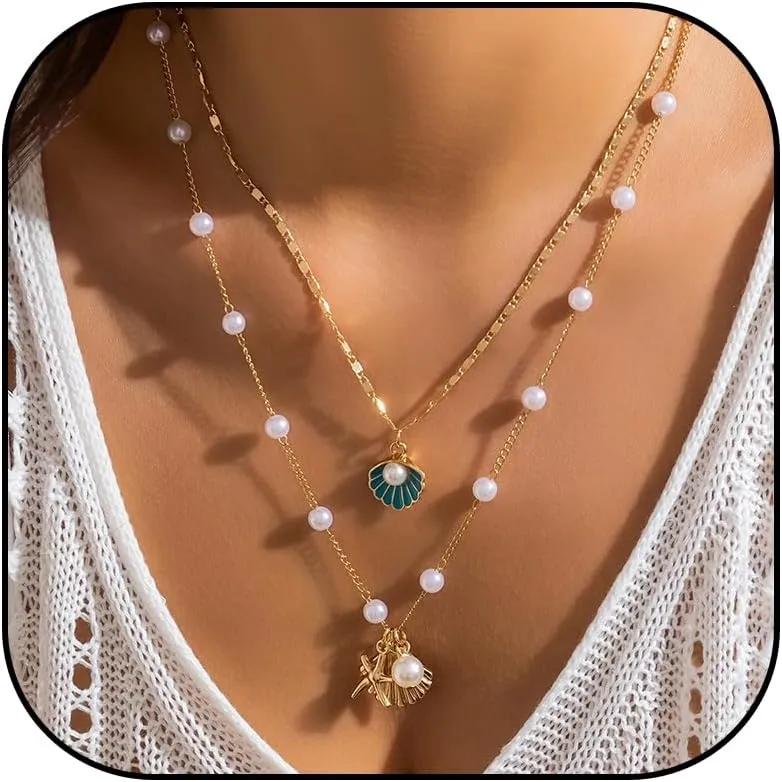 YANCHUN Shell Necklace Beach Jewelry for Women Sea Shell Necklace Layered Gold Shell Charm Necklaces Summer Outfits fwomen Beach Fashion 2025