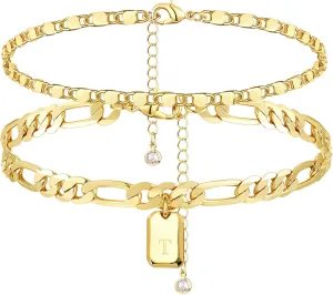 YANODA Initial Ankle Bracelets for Women, 14K Gold Plated Dainty Layered Figaro Chain Letter Initial Ankle Bracelets Set Trendy Personalized Name Tag Anklet Summer Beach Jewelry for Women