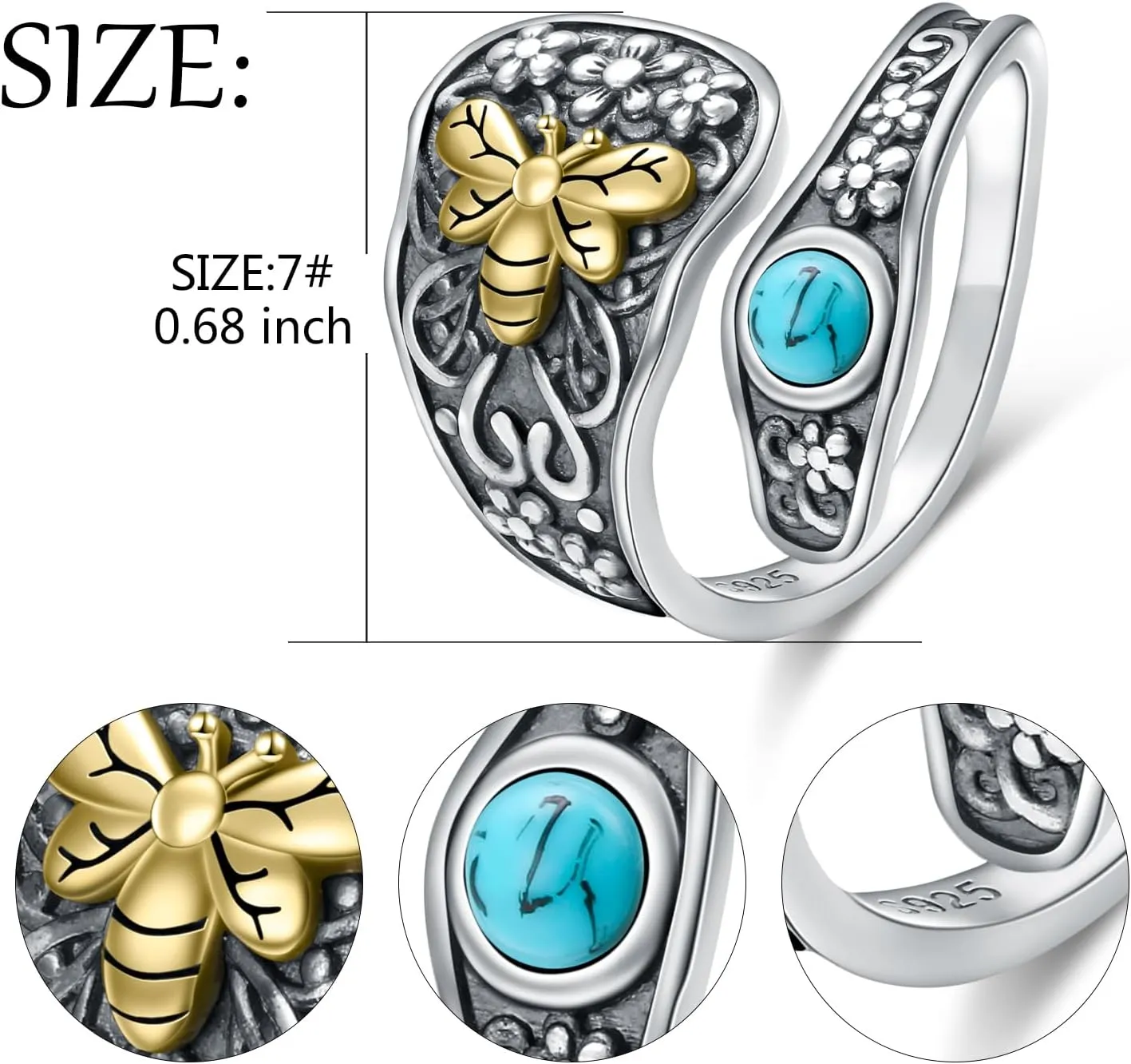 Yearace Spoon Ring for Women 925 Sterling Silver Oxidized Spoon Ring Adjustable Ring Turquoise Spoon Ring Jewelry Gifts for Women