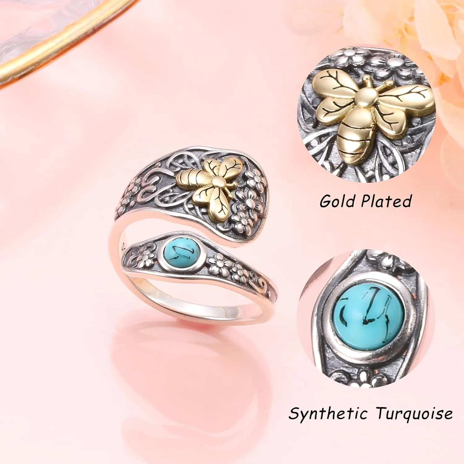 Yearace Spoon Ring for Women 925 Sterling Silver Oxidized Spoon Ring Adjustable Ring Turquoise Spoon Ring Jewelry Gifts for Women