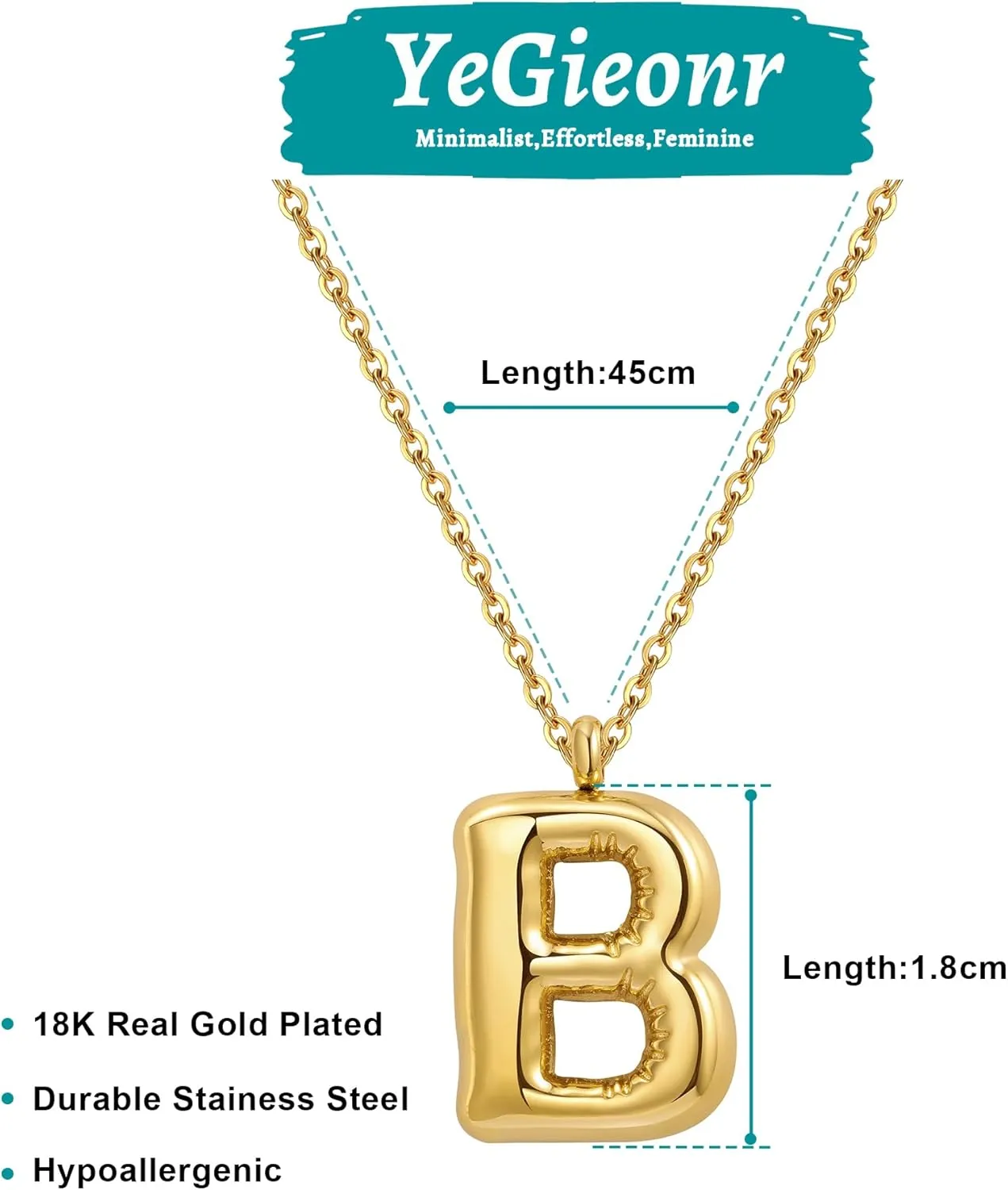 YeGieonr Gold Initial Necklaces for Women, Bubble Letter Pendant Necklace,Tarnish Free Stainless Steel Gold Necklace with Initials