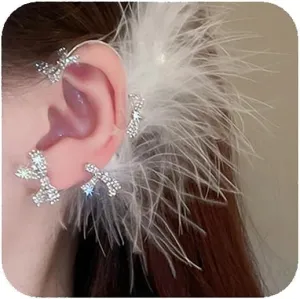 YERTTER Chic Rhinestone Silver Butterfly Ear Wrap Cuff Feather Ear Clip Wedding Brides Ear Climbers Non-Piercing Ear Accessories 1 Pair Ear Cuff Crawls for Women