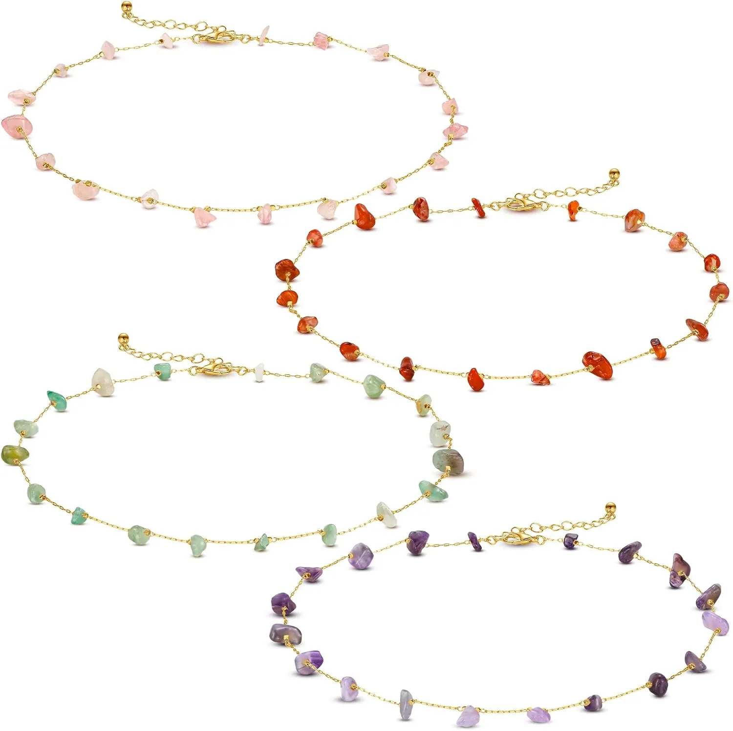 Yinkin 4 Pieces Carnelian Crystal Necklace for Women Gold Turquoise Beach Jewelry Gemstone Chip Amethyst Crystal Stone Choker Necklace for Women Decoration