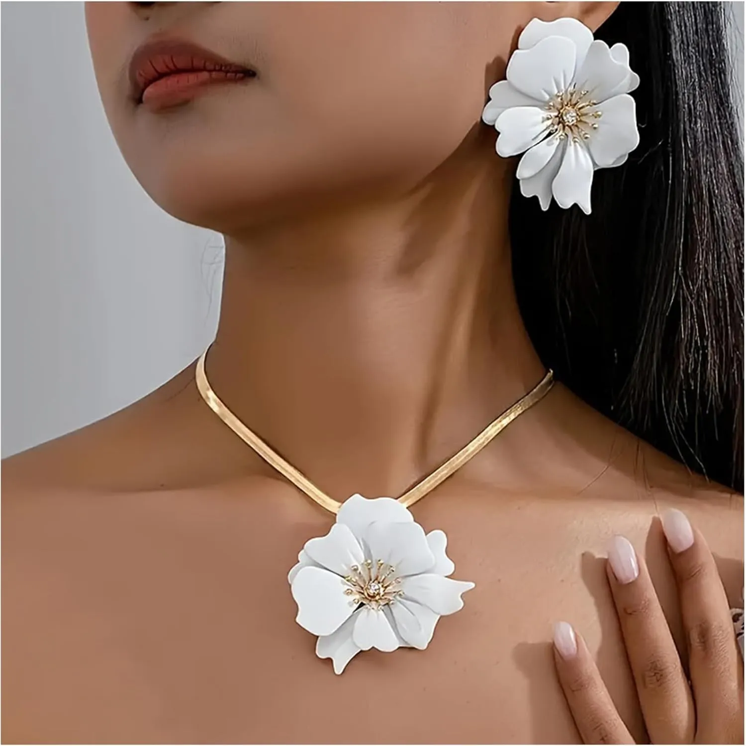 ZAHSY Flower Snake Chain Necklace and Earring Set for Wedding Beach Bohemia Flower Earrings for Women Big Flower Jewelry Set