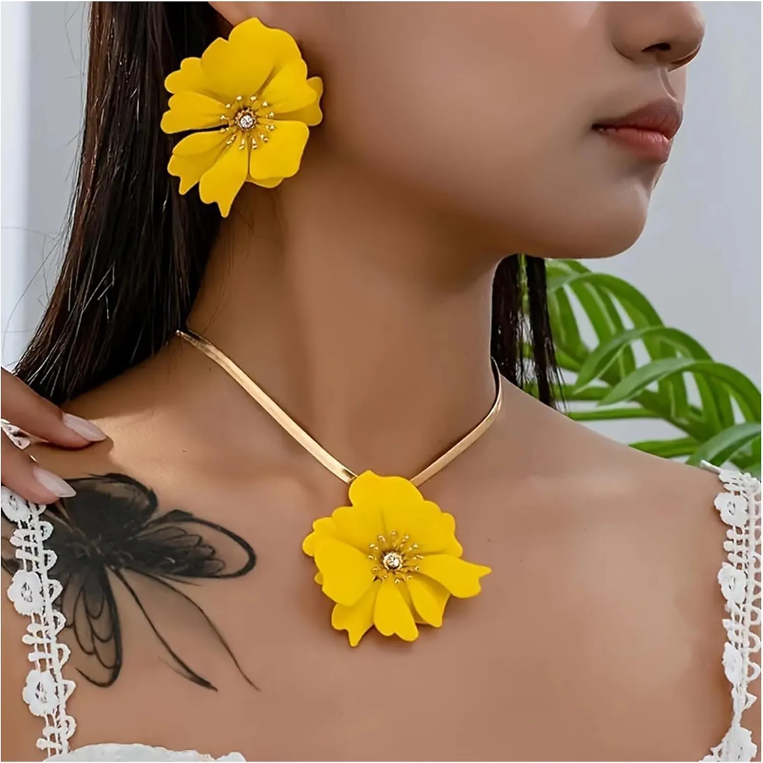 ZAHSY Flower Snake Chain Necklace and Earring Set for Wedding Beach Bohemia Flower Earrings for Women Big Flower Jewelry Set