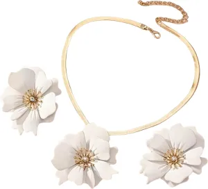 ZAHSY Flower Snake Chain Necklace and Earring Set for Wedding Beach Bohemia Flower Earrings for Women Big Flower Jewelry Set
