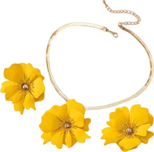 ZAHSY Flower Snake Chain Necklace and Earring Set for Wedding Beach Bohemia Flower Earrings for Women Big Flower Jewelry Set