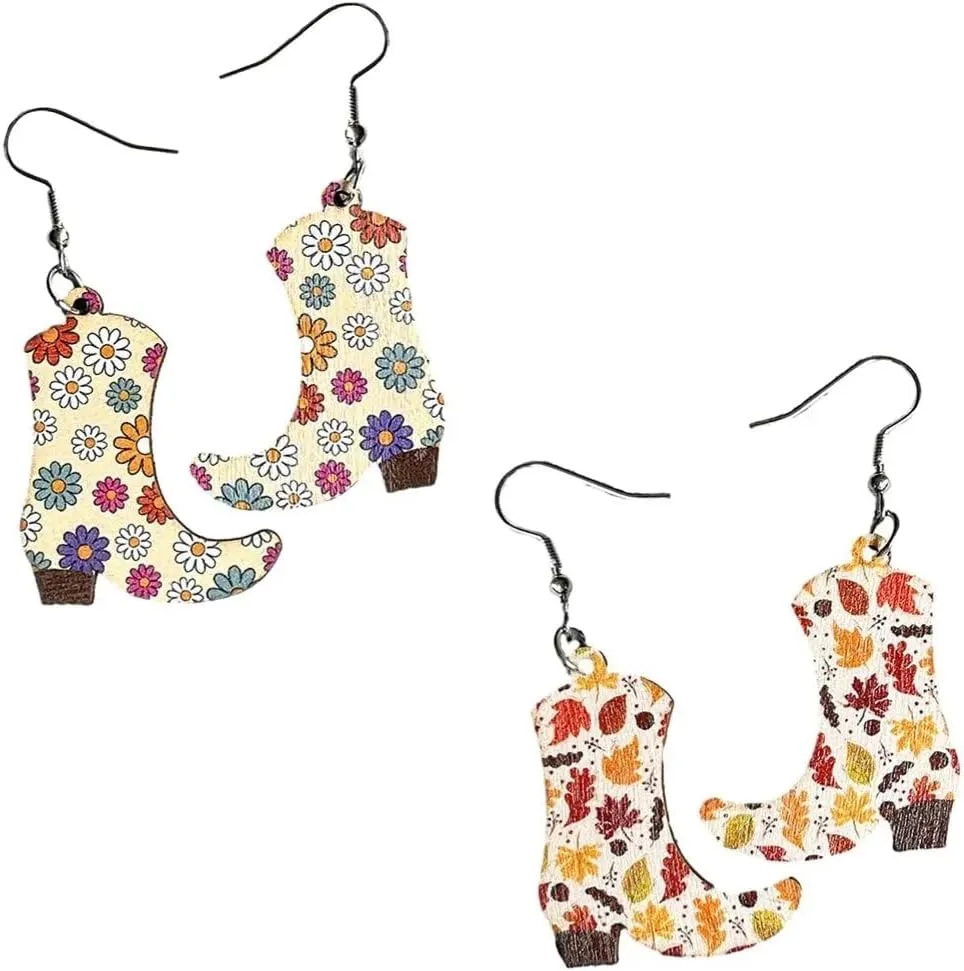 Zian Western Cowboy Boots Earrings Autumn Maple Leaf Earrings Ethnic Style Flower Earrings Wooden Vintage Women'S Jewelry
