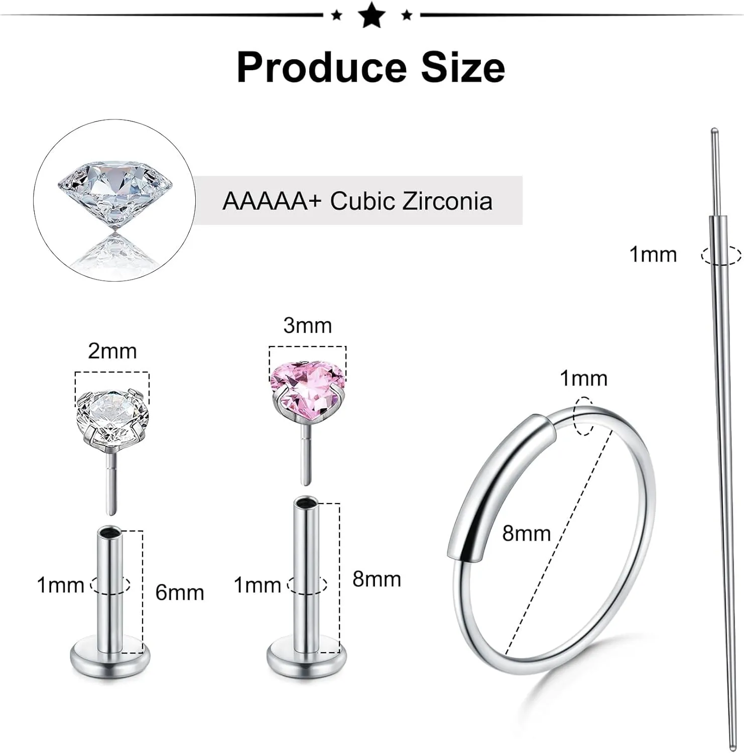 Zolure 18G/20G Flat Back Earrings Stud Threadless Nose Studs Surgical Steel Push in Earrings Tragus Cartilage Labret Helix Lip Conch Medusa Piercing Jewelry