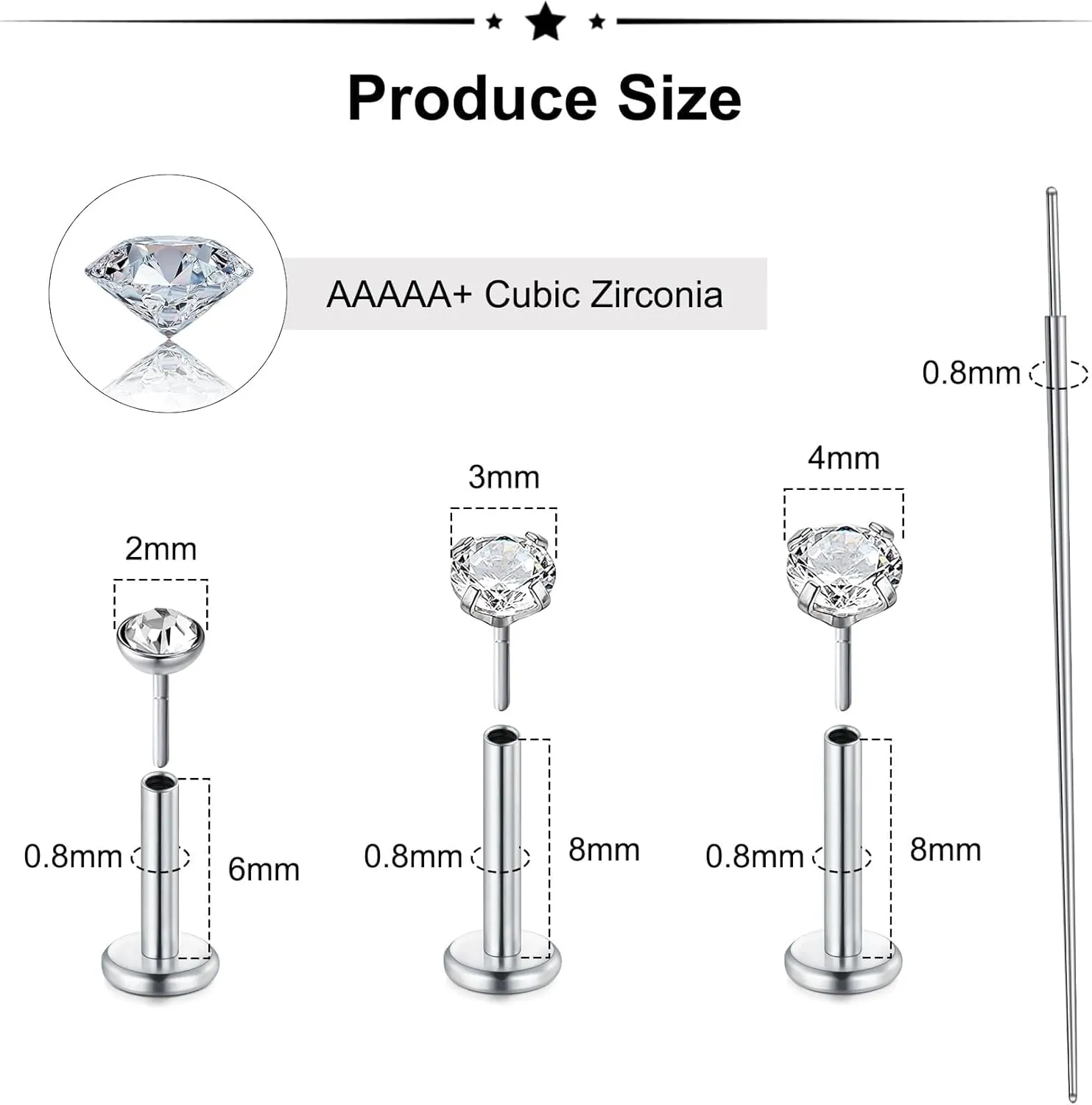 Zolure 18G/20G Flat Back Earrings Stud Threadless Nose Studs Surgical Steel Push in Earrings Tragus Cartilage Labret Helix Lip Conch Medusa Piercing Jewelry