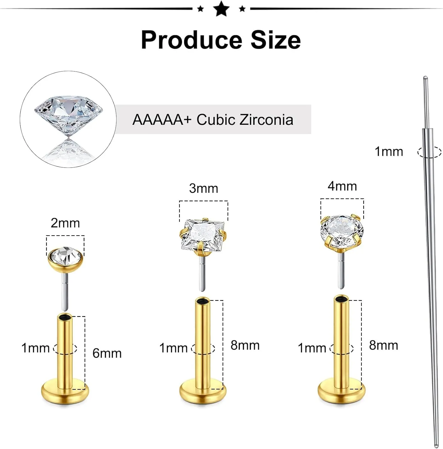 Zolure 18G/20G Flat Back Earrings Stud Threadless Nose Studs Surgical Steel Push in Earrings Tragus Cartilage Labret Helix Lip Conch Medusa Piercing Jewelry