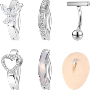 ZS 14G Gold Clicker Belly Button Rings for Women, Stainless Steel Belly Barbell Piercing CZ Reverse Curved Navel Barbell Body Jewelry